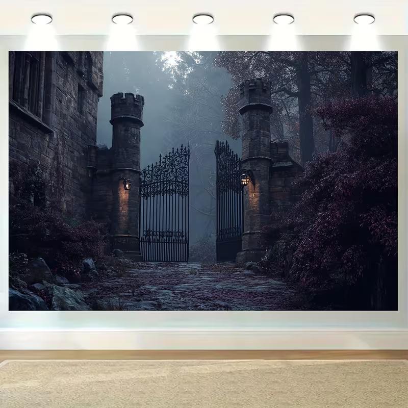 2D Gothic Mansion Iron Gate Backdrop Misty Forest Castle Entrance Party Decor