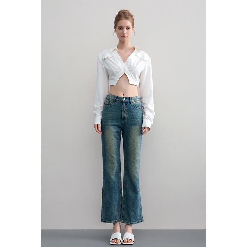 

High-Waisted Wide-Leg Flared Cotton Cropped Jeans for Women - Washed, Skin-Friendly, Slimming Denim Pants 27