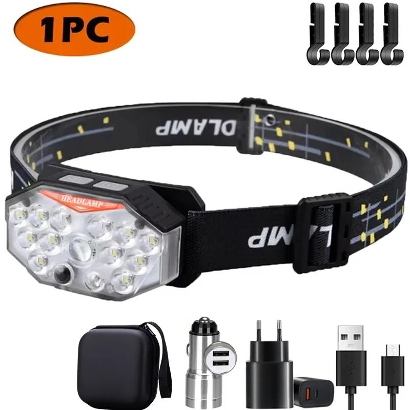 Multi-Functional Intelligent Headlamp Rechargeable Dual Light Source Headlight Red Warning Tent Camping Night Fishing Lantern