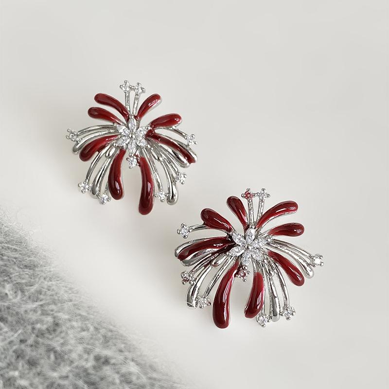 Silver needle New Year's red zircon fireworks pearl stud earrings retro temperament versatile earrings light luxury high-end earrings women