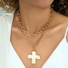 2 Pcs Gold Color Big Cross Pendant Necklace For Women Chunky Oval Link Chain Minimalist Layered Choker Trendy Statement Jewelry