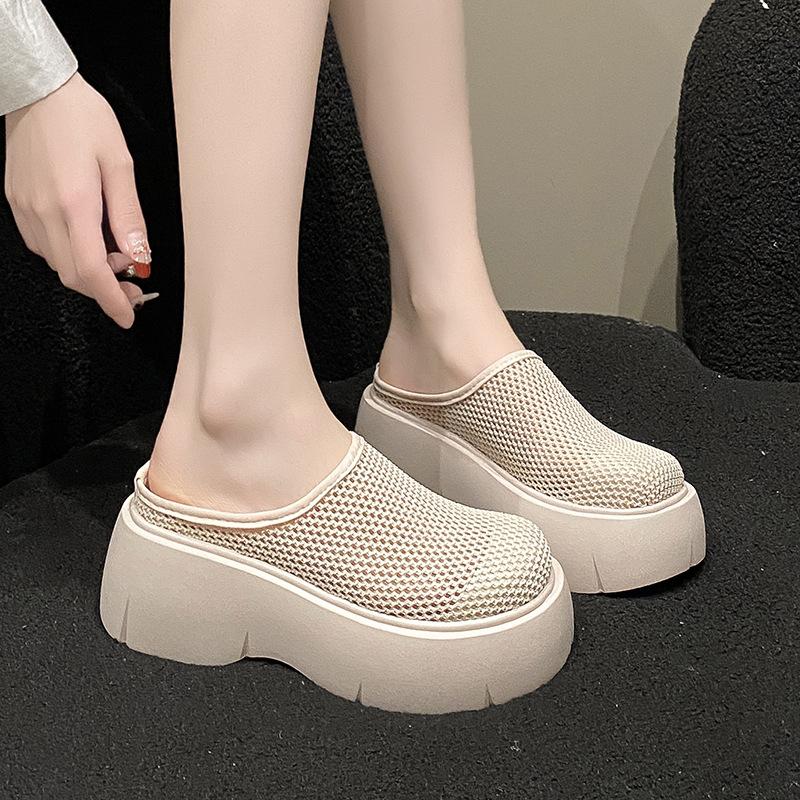 Mules compensées en maille pour femmes, sandales à plateforme, talons hauts, escarpins à bride arrière, été 2024