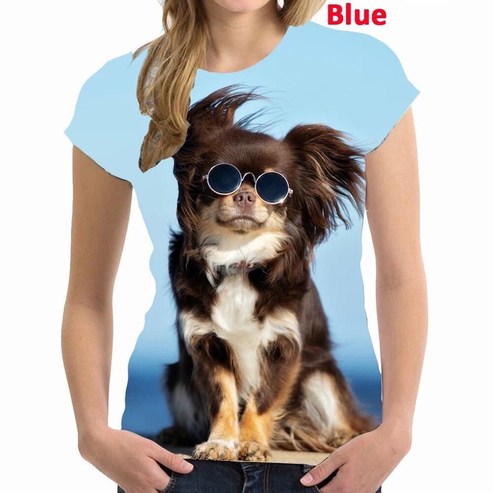 Nejnovější letní dámská móda Roztomilý zvířecí pes Tričko s 3D potiskem Pro volný čas Čivava Tričko s kulatým výstřihem a krátkým rukávem
