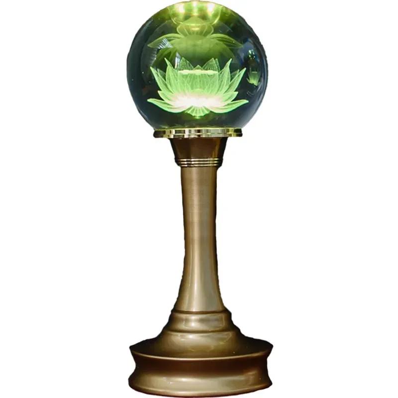 Buddha Offering Lamp, Crystal Ball LED Lotus Lamp, Seven Color Gradient Glass Prayer Lamp, Buddhist Decoration, Plug, 1pcs 17cm-6.5 inches