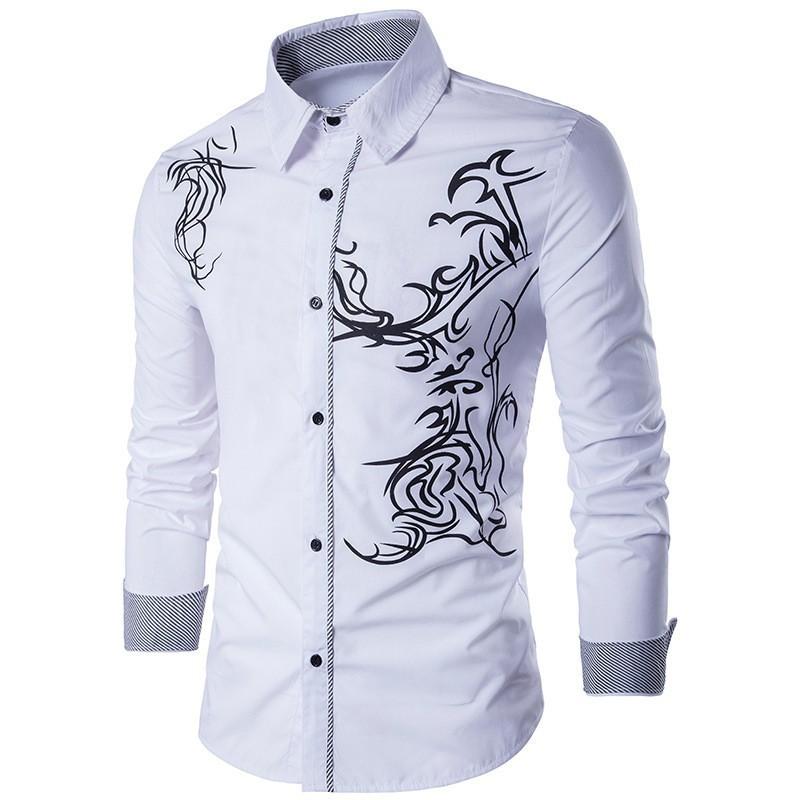 Men Tribal Vine Print Lapel Full Button Long Sleeve Contrast Cuff Dress Shirt