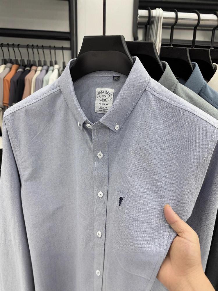 Men's High-End Embroidered Long-Sleeve Solid Color Shirt with Pockets for Spring and Autumn - Business Casual and Versatile