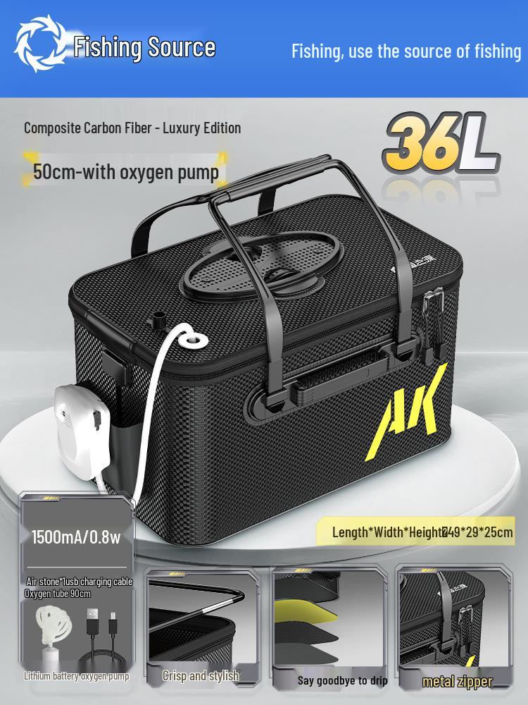 Pogrubione wiadro na żywe ryby z koszykiem na przynęty i ochraniaczem na ryby