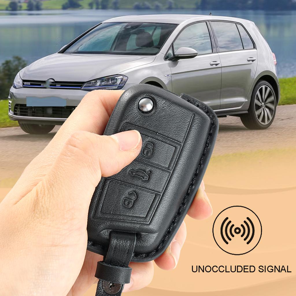 3 Button Genuine Leather Key Ring Case Cover Shell Holder Protect For Volkswagen Golf 7 2015-20  Skoda Fabia 2014-20 Seat Leon