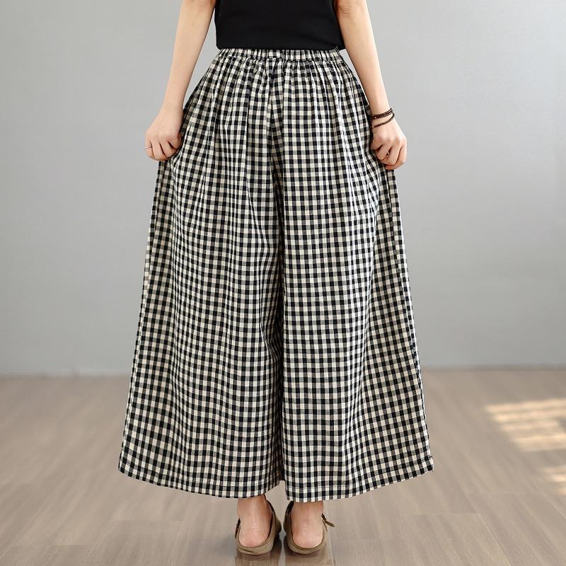 Plus size Vintage plaid high Waist Casual loose spring Summer wide leg Pants Women Trousers