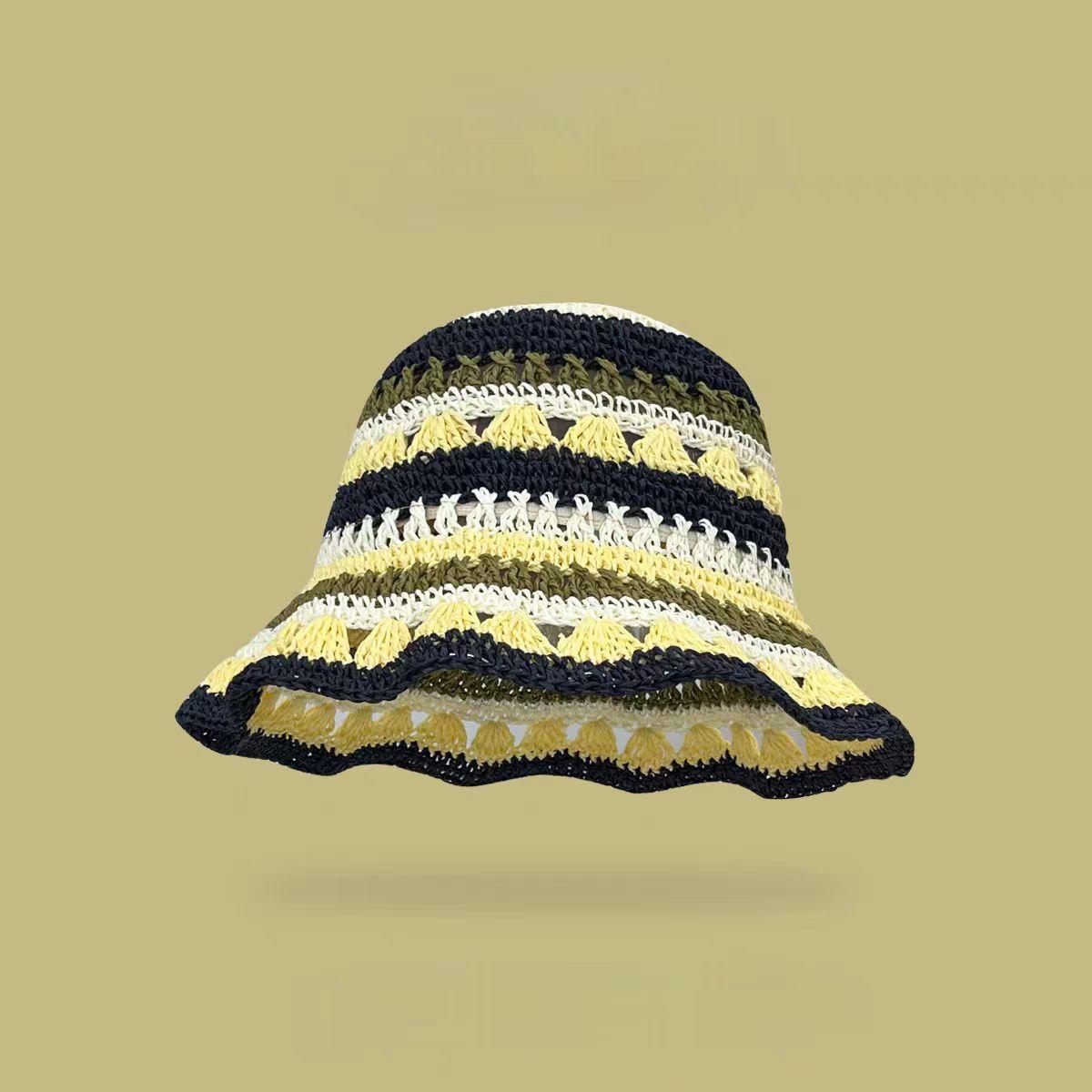 

Dopamine color ethnic style, sunshade big eaves versatile straw hat seaside outing contrasting color rainbow bucket hat M（56-58cm）