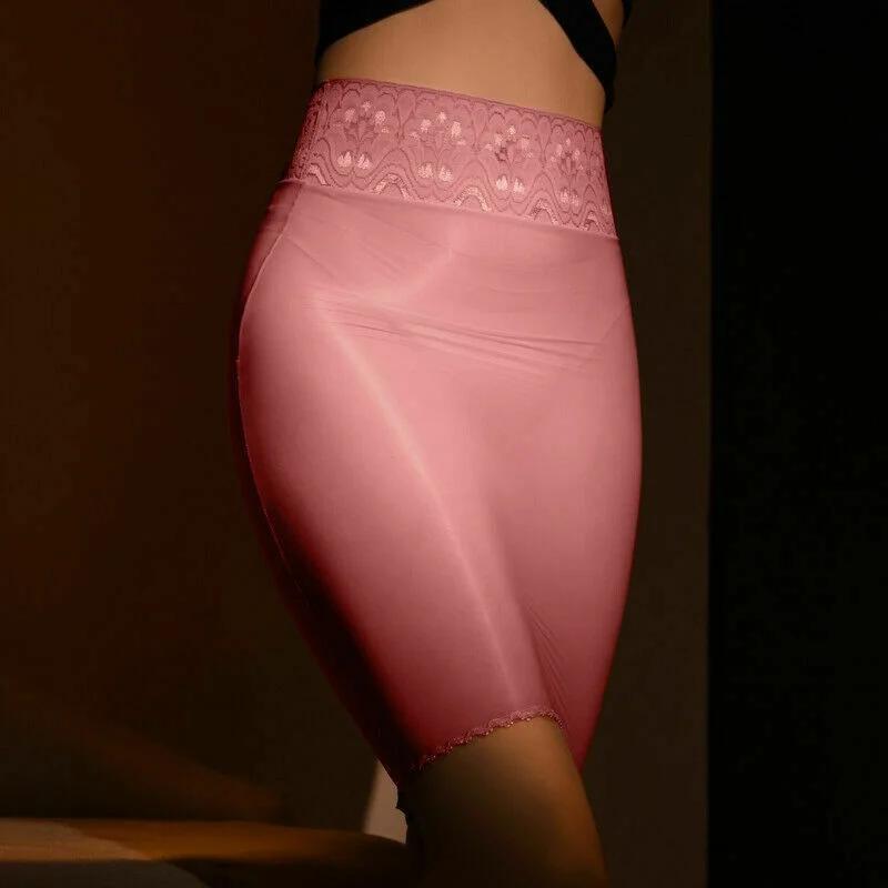 Damen Sexy Skinny Öl Glänzend Stretch Minirock Body Shaper Spitze Oberteil Durchsichtiger Rock Schlankmachend Nachtclub Tanzkleidung