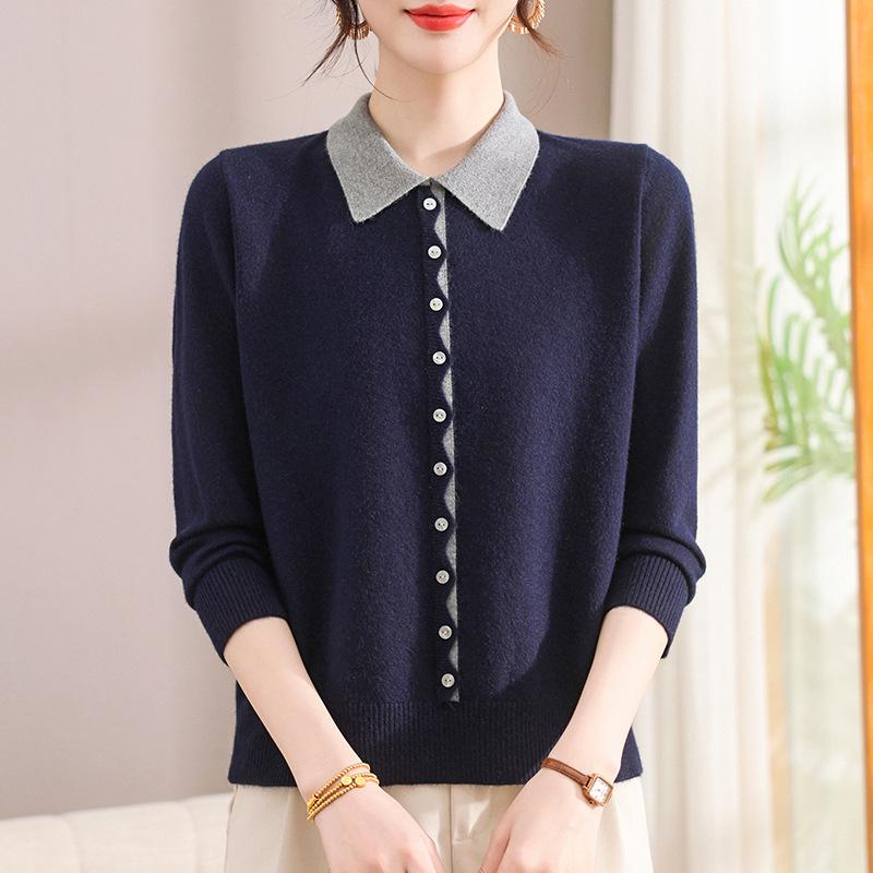 Women's Autumn/Winter Wool Knit Turn-Down Collar Long Sleeve Top