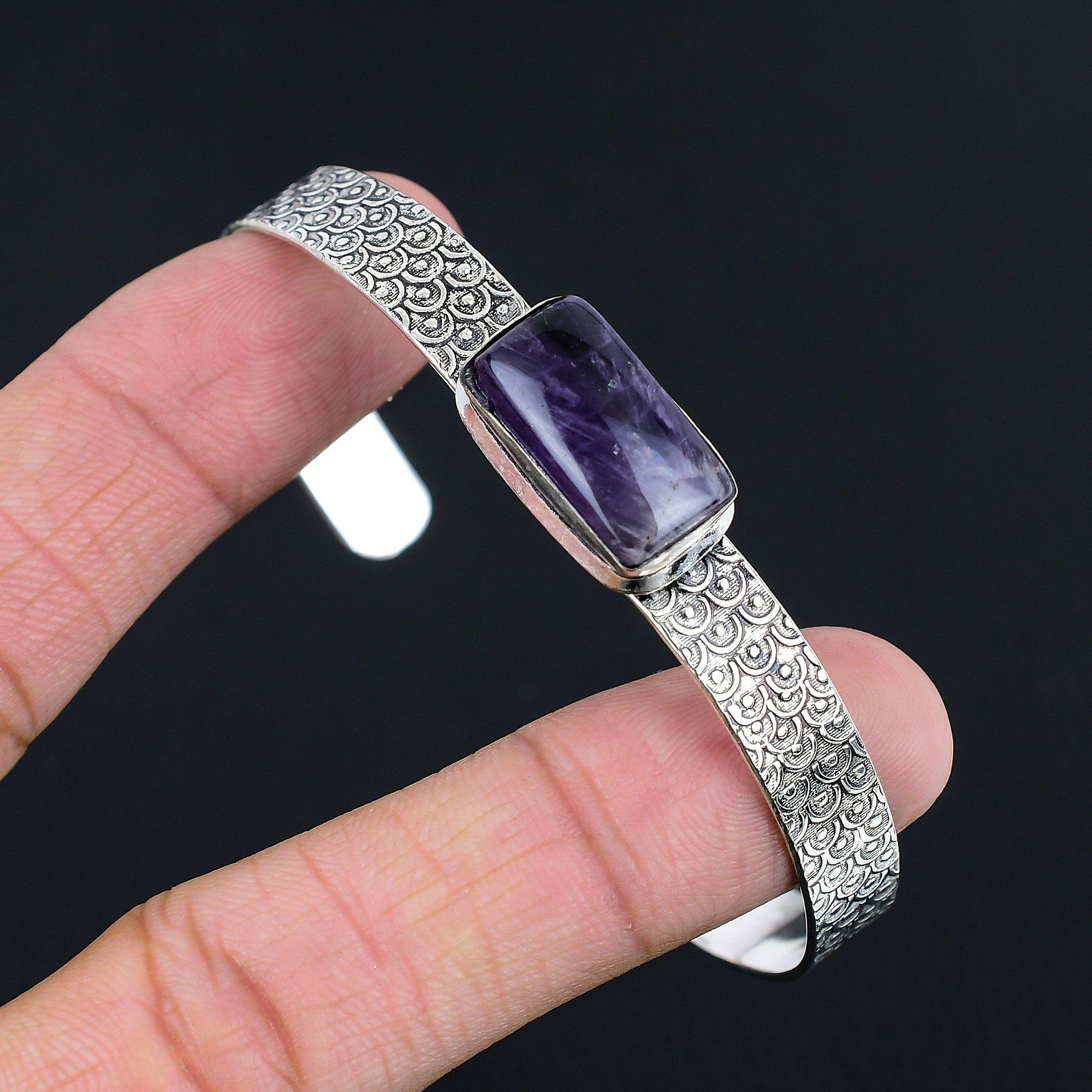 

Anniversary Gift For Her Natural Star Amethyst Bangle Adjustable 925 Silver Adjustable