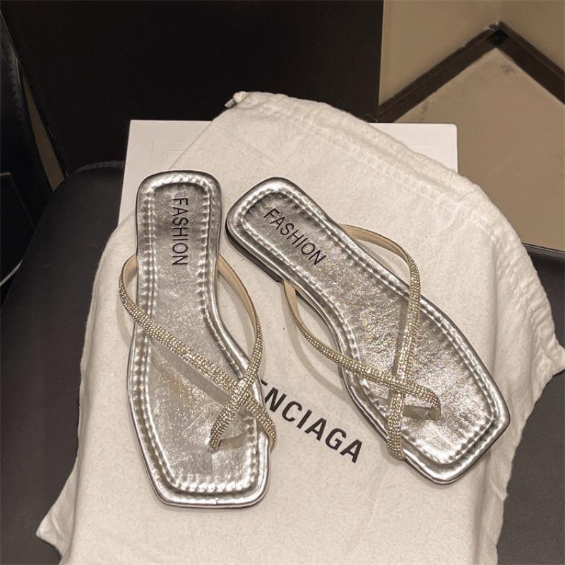 

Square head flat bottom pinch slippers women s summer wear new versatile soft bottom rhinestone cold slippers 35