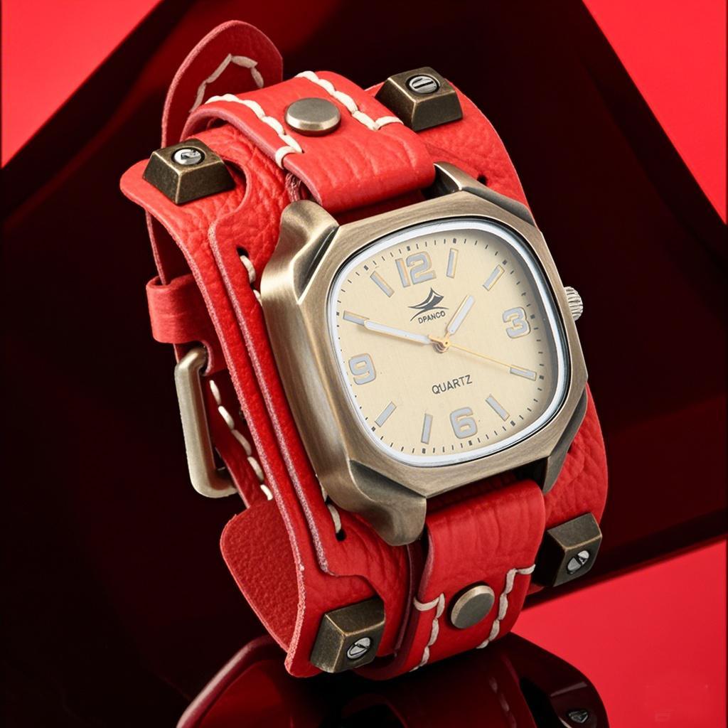 Yiran Sexy Lingerie Men's Vintage Rivets Genuine Leather Quartz Watch With Hand Stitched Wide Leather Strap Punk Hip Hop Style