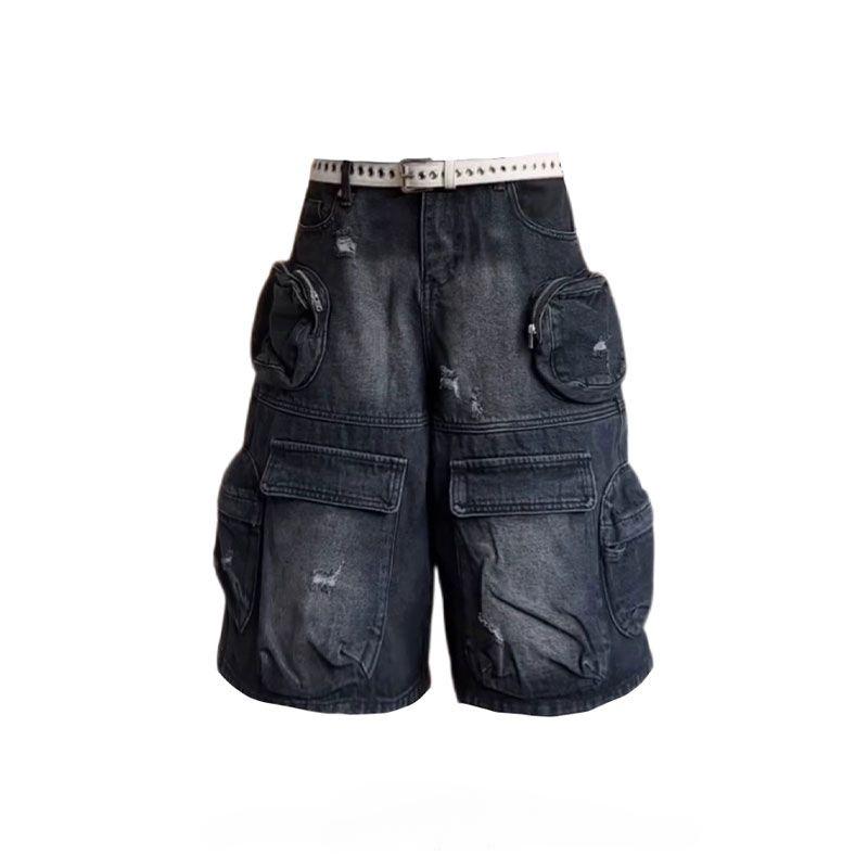 

ROADVIBE American Street Oversized Washed Vintage Multi Pocket Women Workwear Denim Shorts High Waisted Straight Leg Pants XXXL