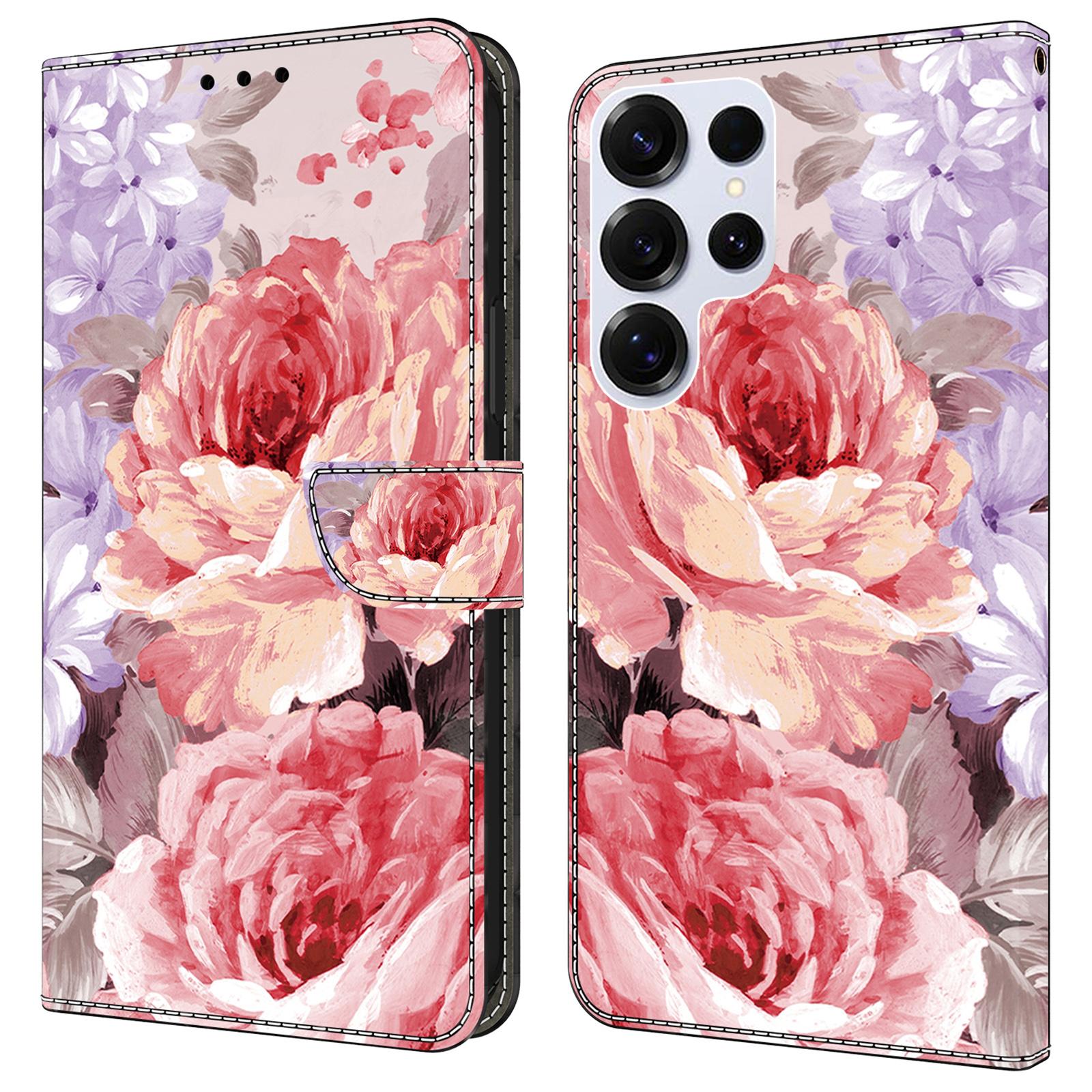 

For Samsung Galaxy S25 Ultra Leather Case Pattern Printing Wallet Stand Anti Drop Phone Cover Oil Painting Rose