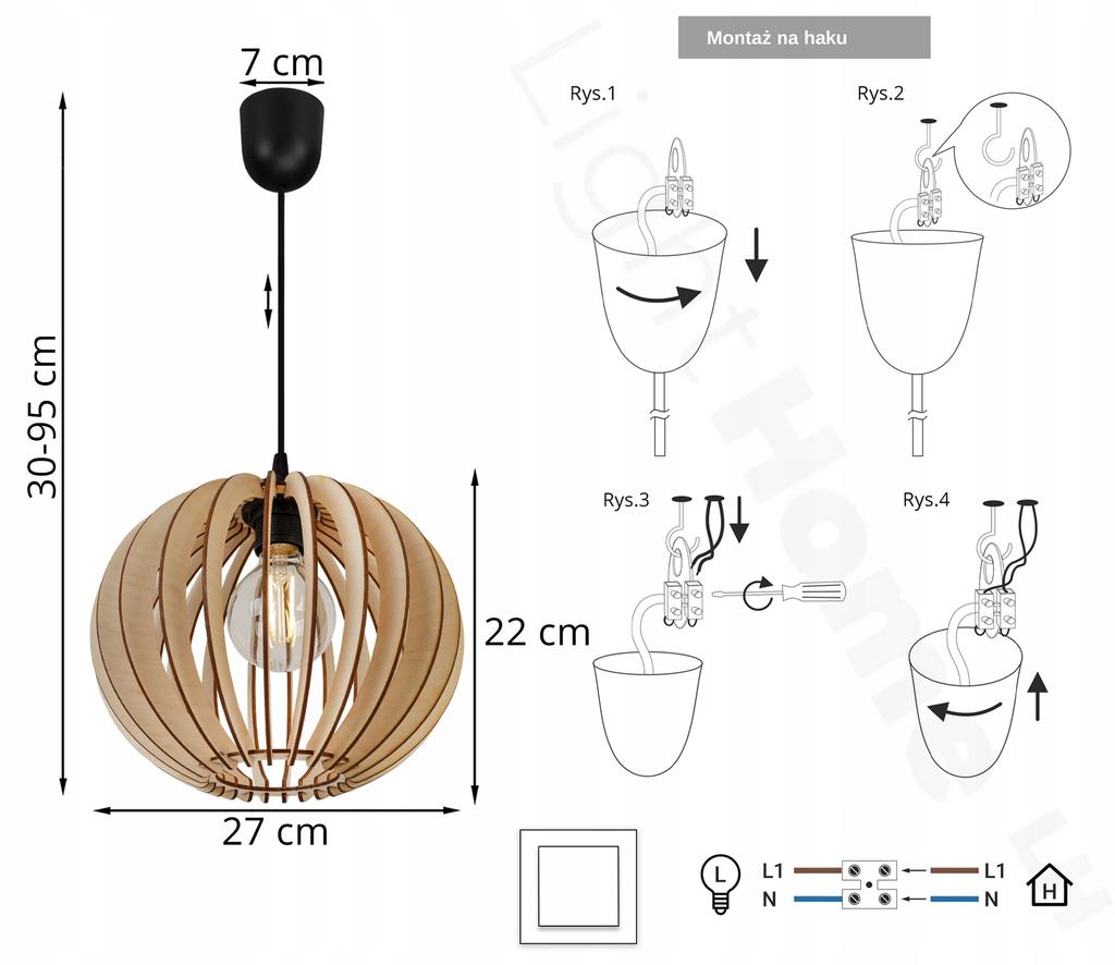 Hanging Lamp Made of Plywood, Spherical Lampshade, E27, Adjustable