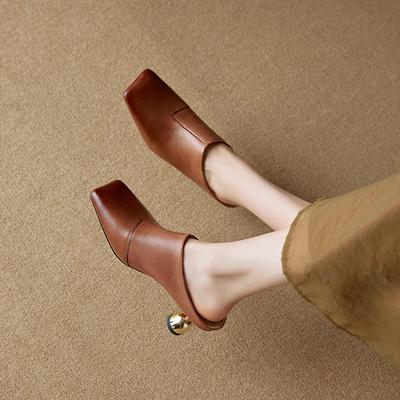 Fashion 2025 Women's Shoes New Summer Retro Square Toe Genuine Leather Sheepskin Baotou High Heel Large Muller Half Slippers Heels Women