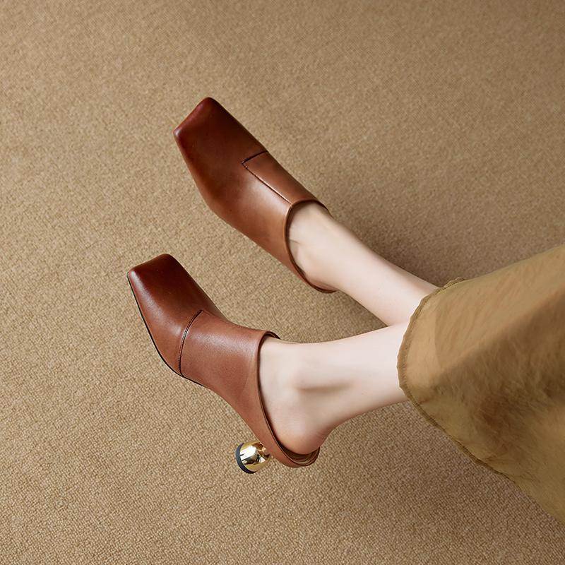Fashion 2025 Women's Shoes New Summer Retro Square Toe Genuine Leather Sheepskin Baotou High Heel Large Muller Half Slippers Heels Women