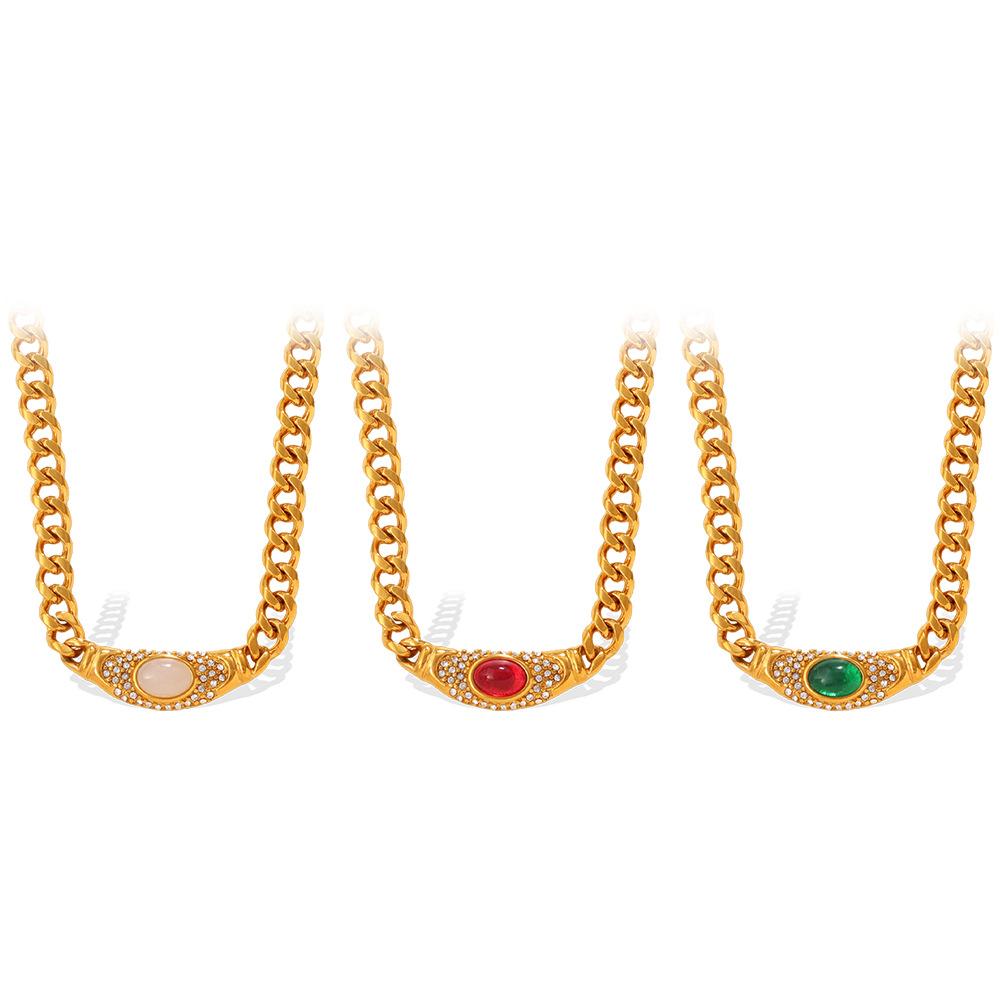 Premium Sense Inlaid Opal Necklace Retro Style Medieval Geometric Collarbone Choker Chain