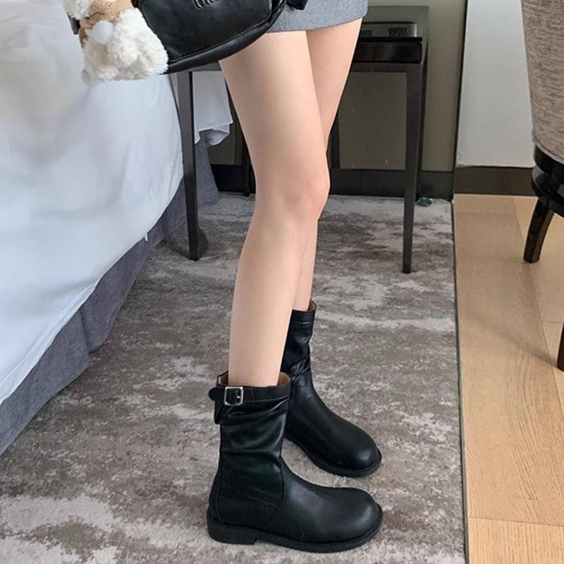 New spot retro simple and thin low-heeled Martin boots women's 2025 new autumn and winter niche all-match buckle locomotive