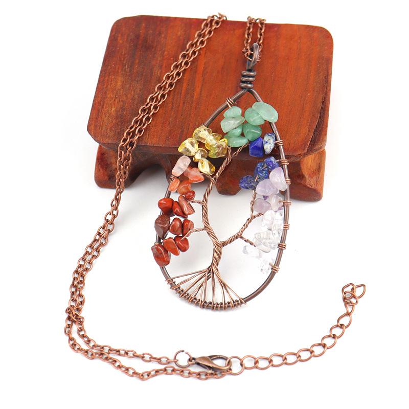 Ancient Red Copper Winding Natural Stone Crystal Water Drop Shaped Tree Of Life Necklace Colorful Stone Pendant N29