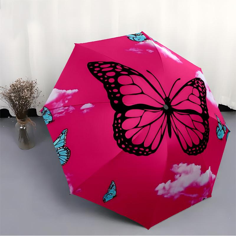 1pc Butterfly Pink Sky Automatic Folding Umbrella, 8-Rib Iron Frame, Casual Outdoor Accessory for Birthday Festival Gifts yy251128186