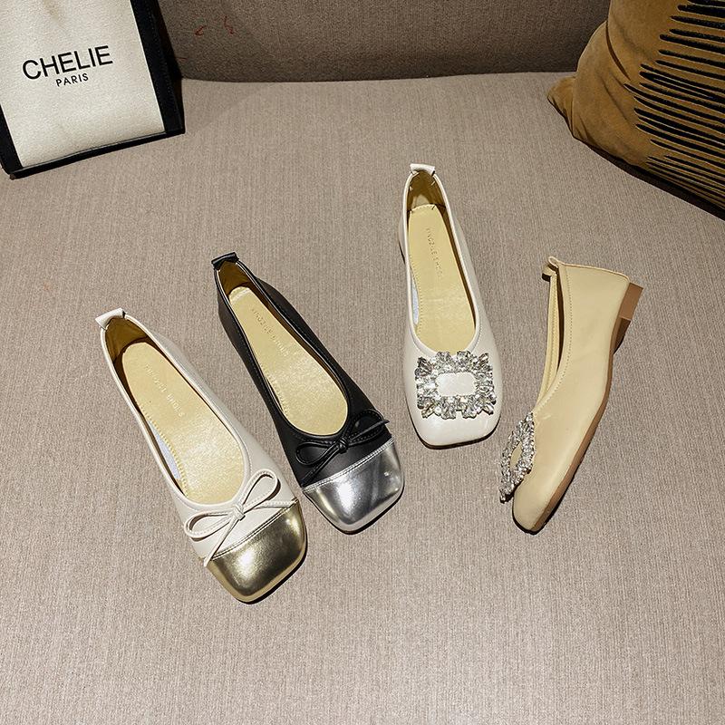 Leather single shoes women's flat shoes rhinestone buckle square head night breeze gentle shoes soft leather soft sole comfortable sheepskin grandm