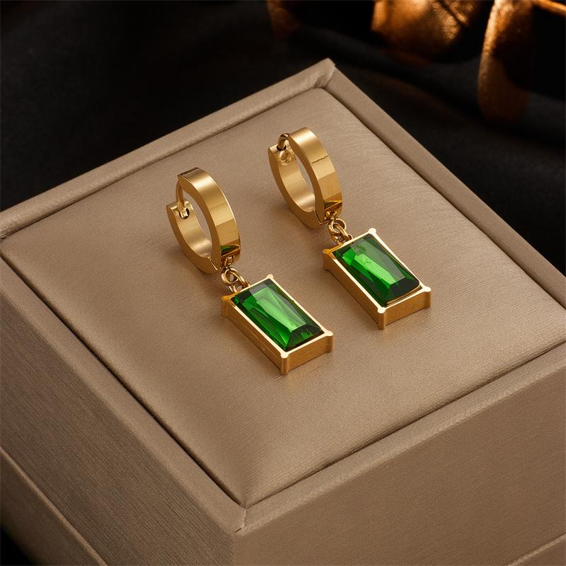 DIEYURO 316L Stainless Steel Square Green Crystal Zircon Necklace Earrings For Women Girl New Fashion Non-fading Jewelry Set