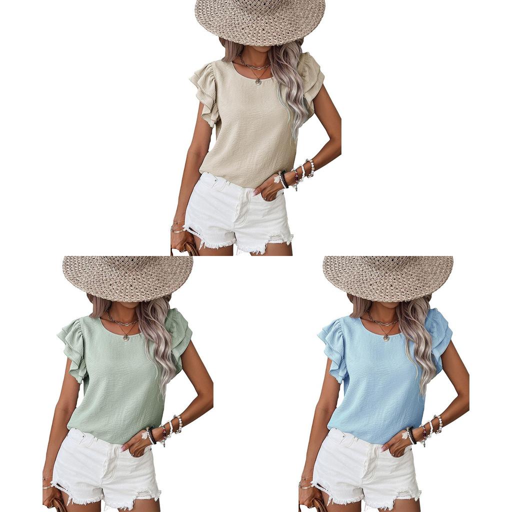 Polyester-T-Shirt mit Blütenärmeln und Raffung für legere Sommerkleidung