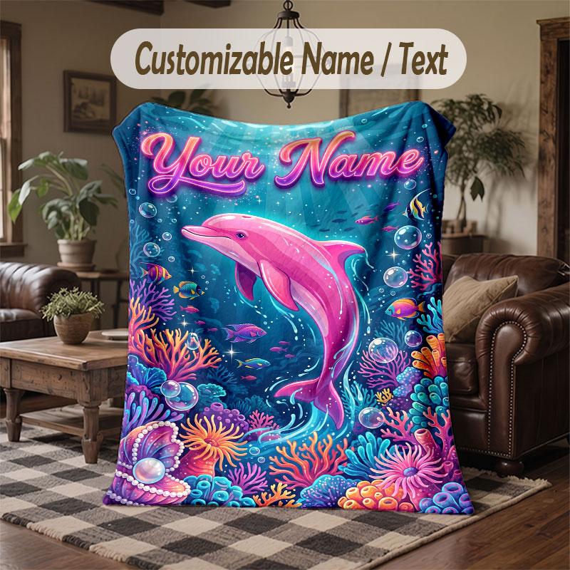 Mermaid Theme Throw Blanket Custom Name Text Personalized Blanket Soft Cozy Blanket for Home Sofa Bed