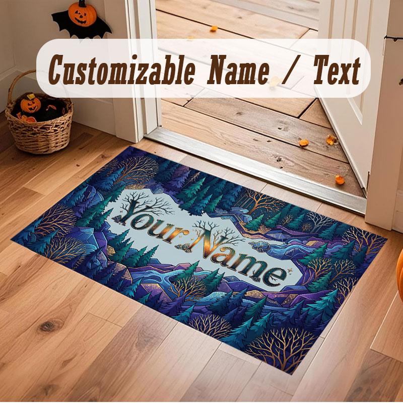Mushroom Forest Theme Crystal Velvet Floor Rug Personalized Custom Name Text Warm Carpet Home Decoration
