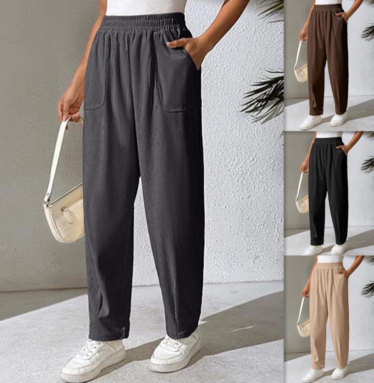 Women's Corduroy Elastic Waist Wide-Leg Pants, Solid Color, Comfortable Casual Loose Fit for Autumn and Winter 2025.