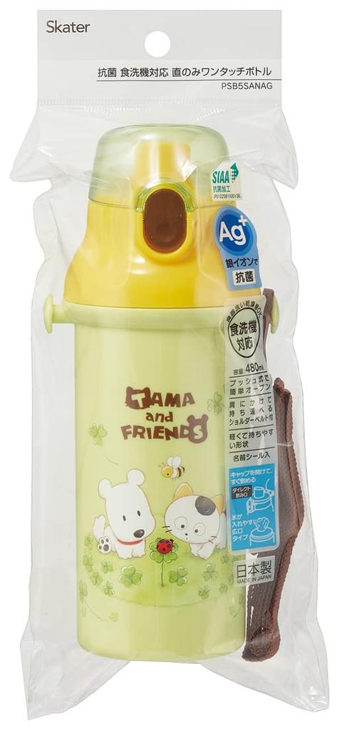 Skater Plastic Water Bottle 480ml One Push Antibacterial Child Friendly Lightweight Antibacterial Treatment Made in Japan Tama Lens PSB5SANAG