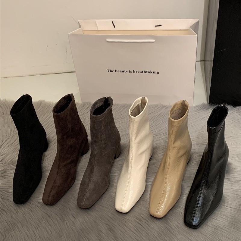 Kurzstiefel mit eckiger Spitze für Damen, dicker Absatz, Herbst und Winter 2025, neue vielseitige französische dünne Stiefel, Reißverschluss hinten, hoher Absatz, elastische Stiefel