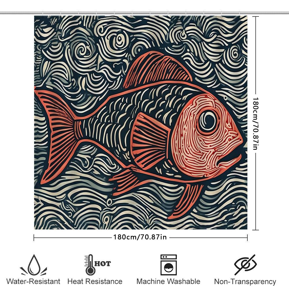 Vibrant Fish Shower Curtain Modern Bathroom Decor With Waves Pattern Perfect For Bathrooms Vanities Black Orange Red Fabric Prin