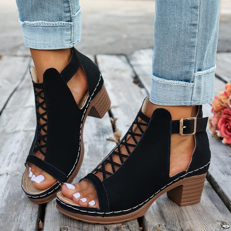 Fashion Women Summer Elegant Sandals Thick Heel Retro Wedge Chunky High Heels Sandals Open Toe Hollow Bundled Wedding Versatile Shoes