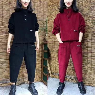 Mom's Outfit Striped Velvet Suit Autumn Winter Women Fashion Large Size Two Piece Set Female Long Sleeves Corduroy Outfit