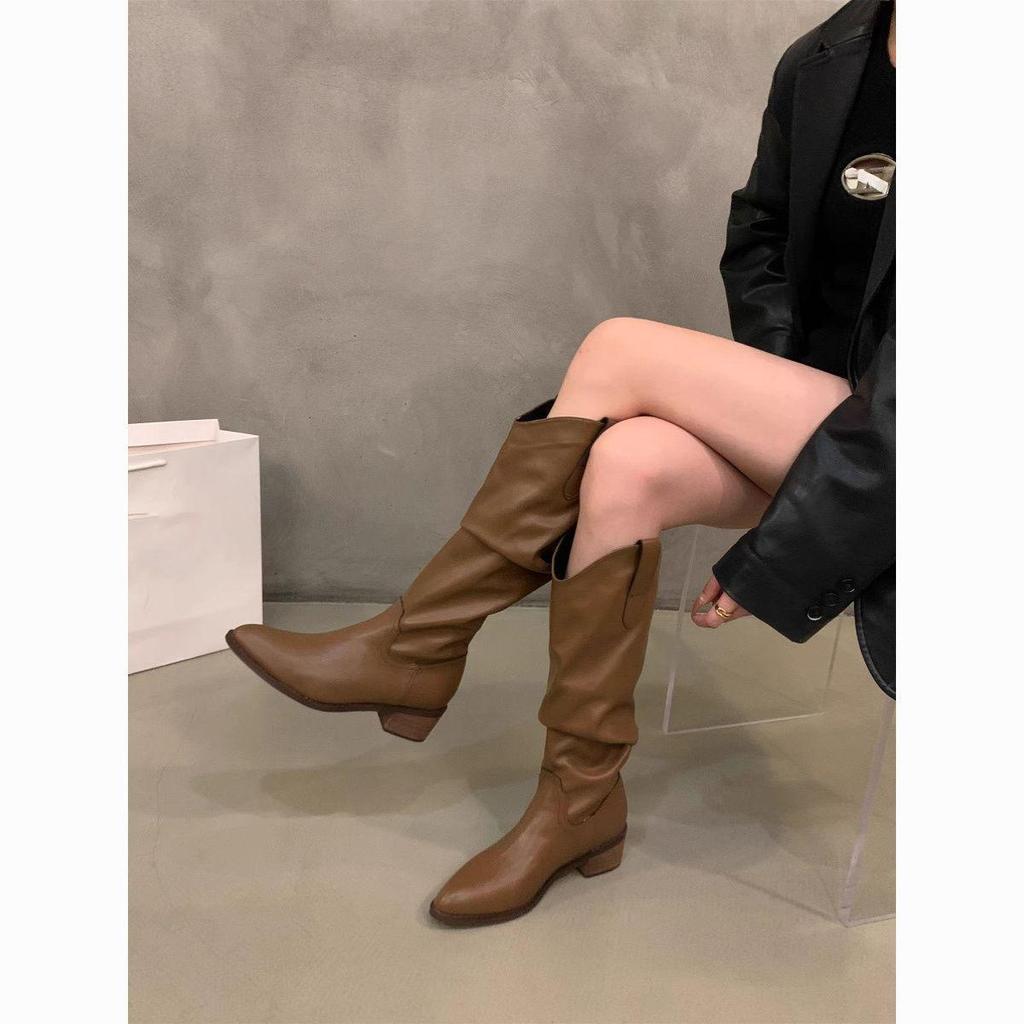 Retro Brown Chunky Heel V-Cut Mid-Calf Boots, Women's Autumn Pointed Toe Western Cowboy Style.