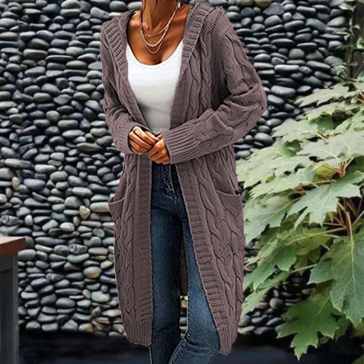 Women's Solid Color Loose Knit Cardigan - Chunky Mid-Length Cable Knit Sweater Coat
