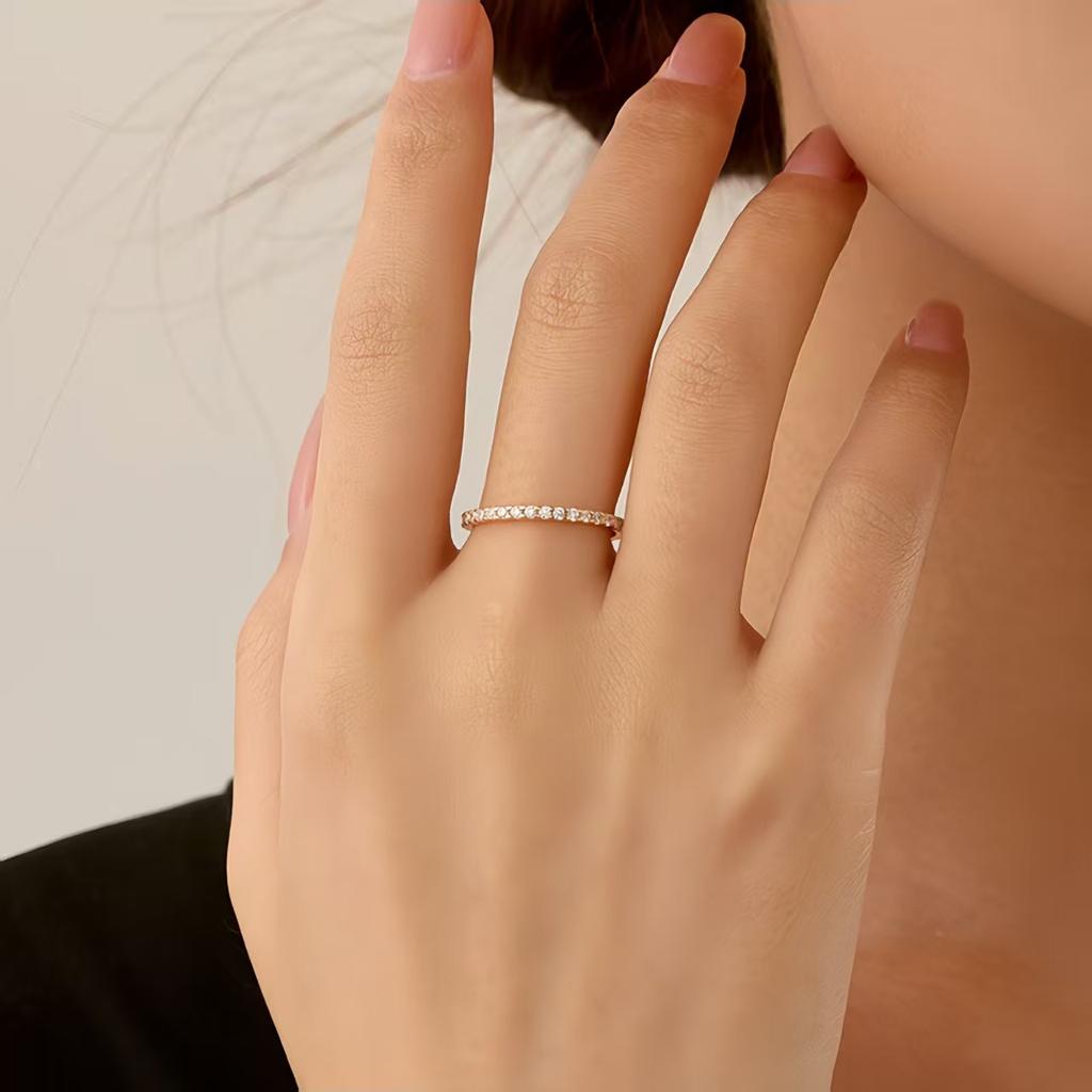 Bamoer 925 Silver Simple Gold Plated Finger Ring Full Zircons for Women Dazzling Stacking Rings Jewelry Party Gift