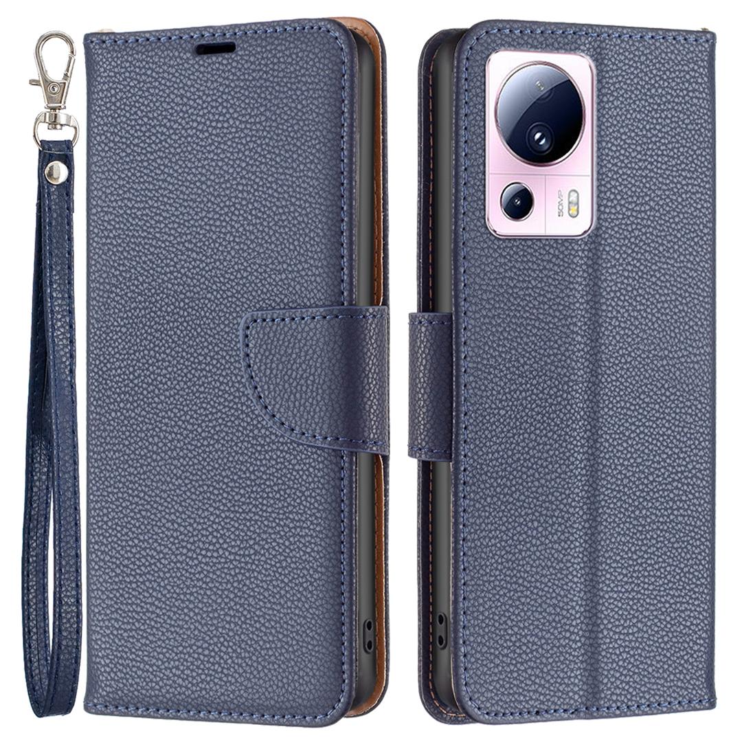 

For Xiaomi 13 Lite/Civi 2 5G PU Leather Wallet Cover Litchi Texture Stand Phone Case with Strap Dark Blue