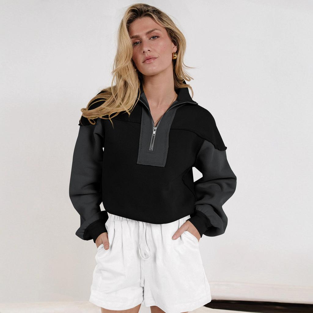 Hot-selling design style zipper contrasting colors loose decorative lines long sleeves autumn and winter trend sweater women