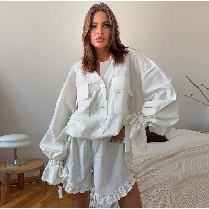 

Новый ранний весенний комплект домашней одежды высокого класса, однотонный костюм для женщин, костюмы с рубашкой и шортами, повседневный модный комплект из двух предметов L