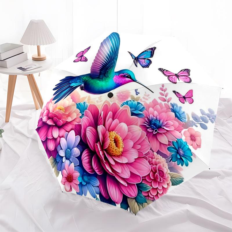 1pc Hummingbird with Vibrant Blue Wings Fully Automatic Folding Portable Umbrella, 8 Iron Frames, Three-Fold Design, Suitable for All Seasons, Su