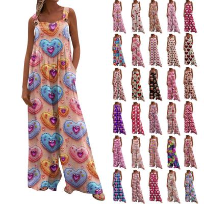 Wide Leg Overalls For Women Casual Loose Sleeveless Print Button Long Pant Romper Jumpsuit With Pockets