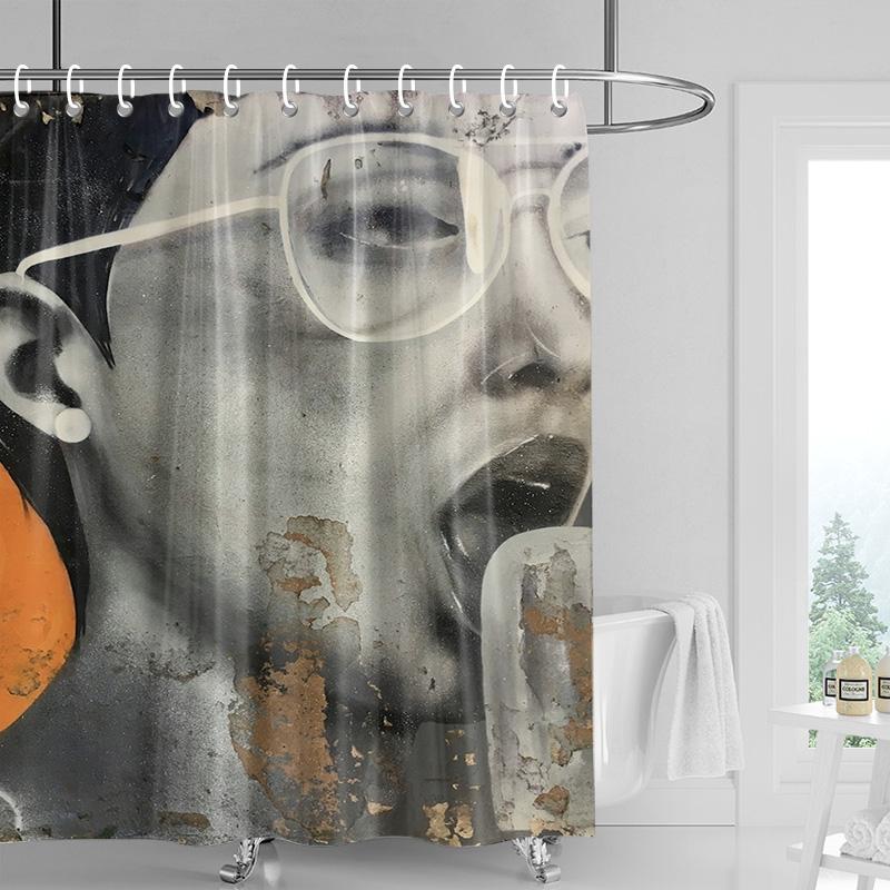 Vintage portrait shower curtain-black and white with orange decoration, distressed texture bathtub shower curtain