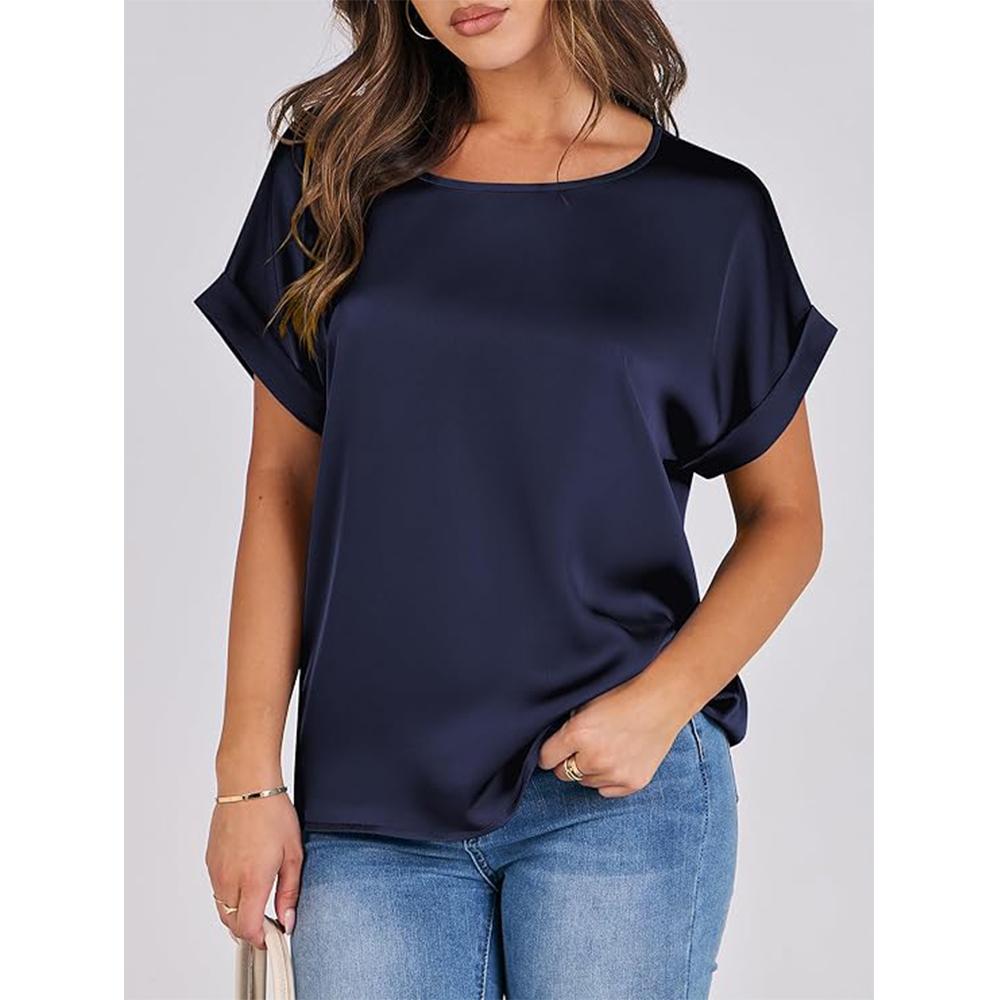 Women's Summer Dressy Casual Short Sleeve Shirts Crewneck Silk Satin Business Office Work Blouse Tops