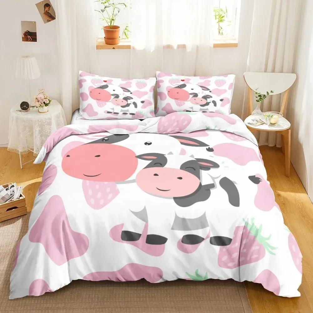 Niedlicher Kuhdruck Bettbezug Queen Kawaii Hochlandkuh Bettwäscheset Bettbezug Laken Bedruckter Kissenbezug Bett Voll Queen King Size